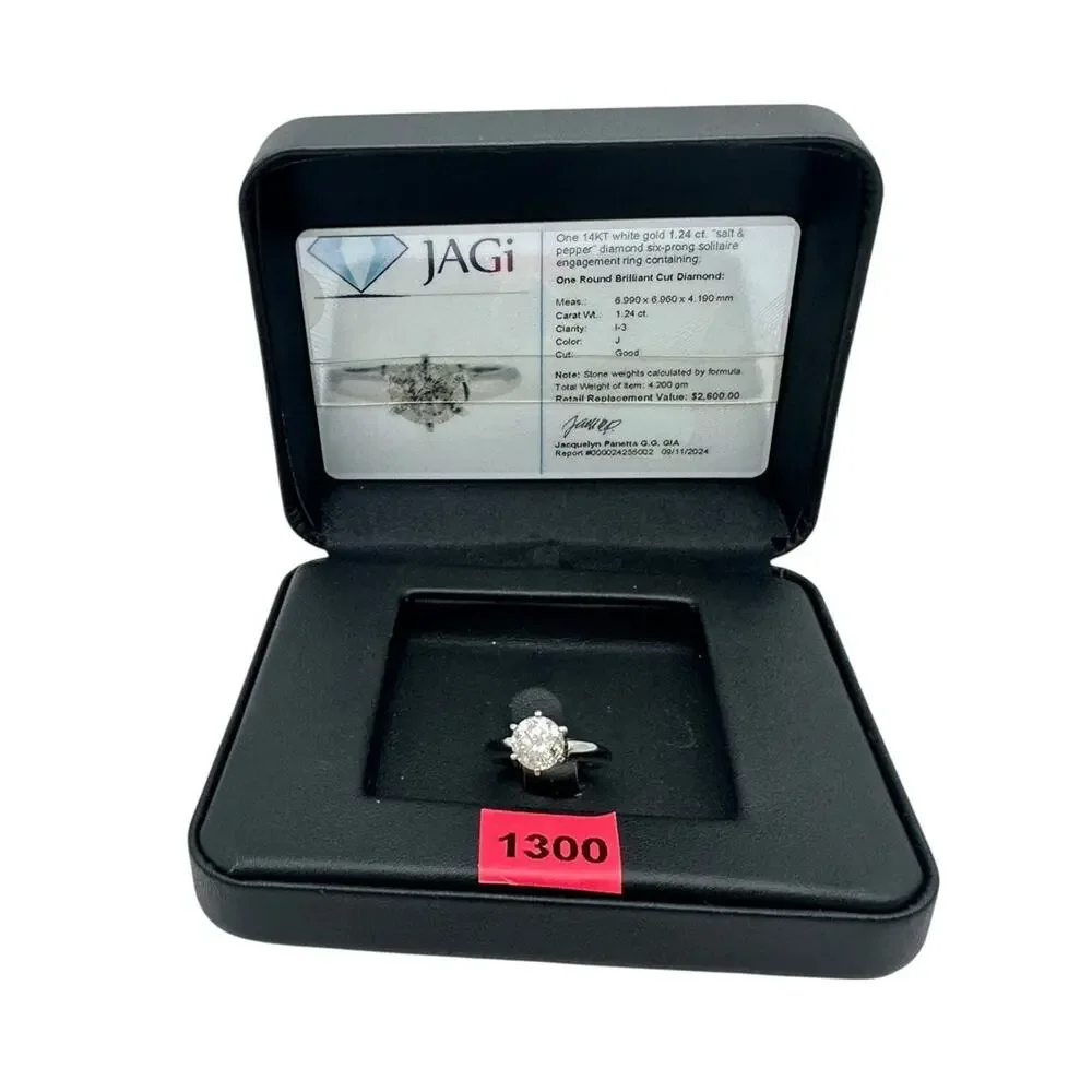 14K White Gold Diamond 1.2cttw Salt & Pepper Solitaire Ring (5)